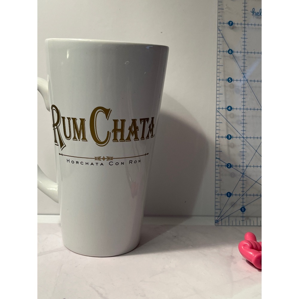 RumChata White Ceramic Coffee Mug Gold Logo Horchata Con Ron Tall Latte Cup 6in‎